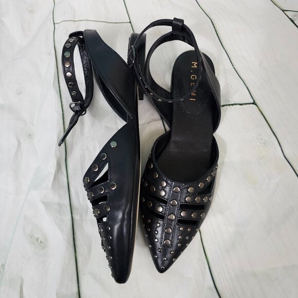 M.GEMI Black Studded Cut Out Leather Pointed Toe Ankle Strap Sandals Flats~37 - Picture 6 of 8
